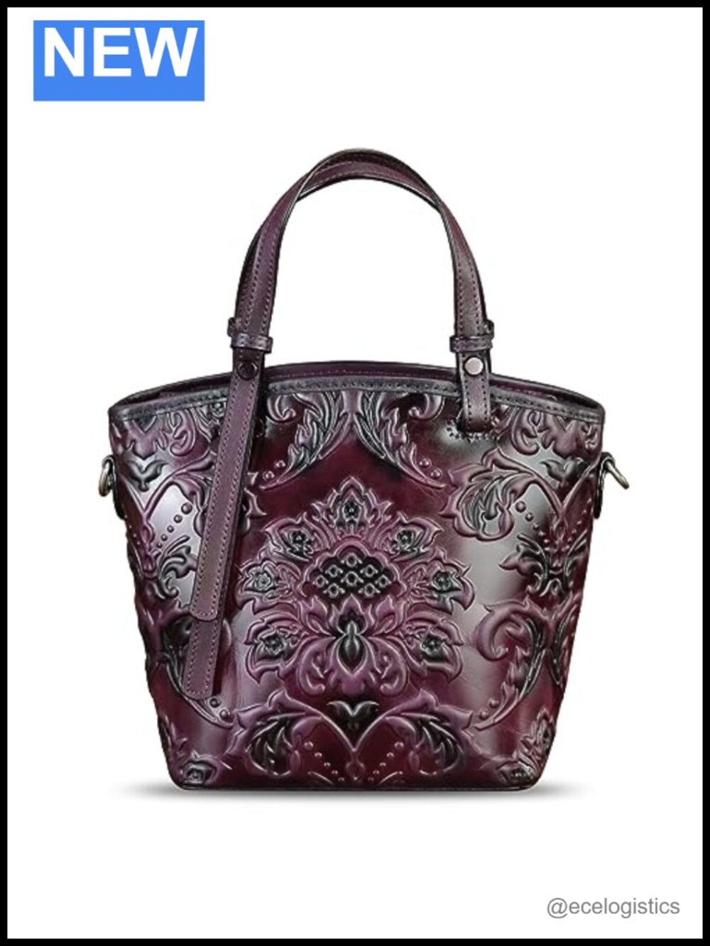 Genuine Leather Satchel Handbag with Embossed Pattern, 3-in-1 Wear, Handmade - Picture 6 of 6